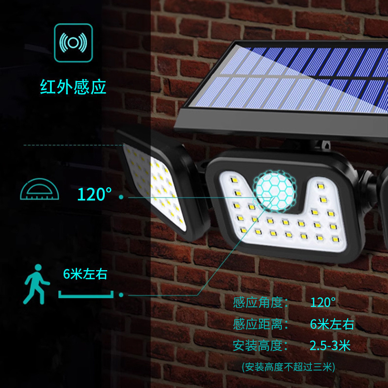 太阳能灯 跨境折叠74LED三头壁灯户外庭院壁灯花园庭院围墙灯家用|undefined