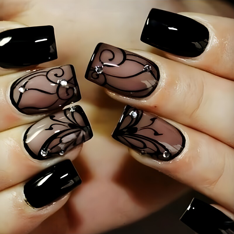 Dark Ins Style Black Vine Wearable Manicure European and American Fake Nail Patches Wholesale