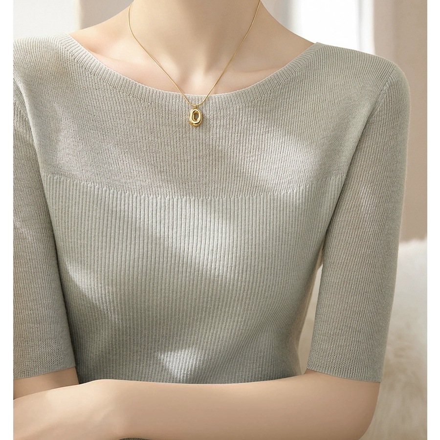 One-character Collar Pullover Slim-fit Slimming Half-sleeve T-shirt Women's Spring and Summer New All-match Thin Top