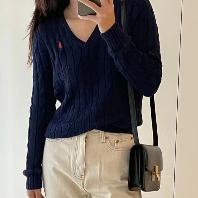 可扫码RL拉夫小马标刺绣V领针织衫慵懒风短款毛衣纯棉麻花女式衣