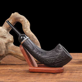 9mm烟道实木烟斗老式传统橡木号角斗 可拆卸天然橡胶咬嘴烟丝