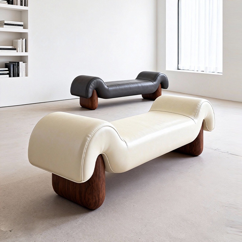 意式简约客厅弹力皮沙发长条凳设计师实木中古风卧室床尾凳换鞋凳