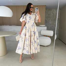 跨境外贸亚马逊2026欧美女装夏季时尚V领短袖印花绑带大摆连衣裙