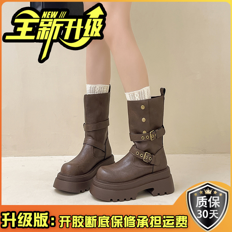 时尚百搭厚底皮靴增高两穿马丁靴女秋冬季复古扣带骑士靴机车短靴|undefined