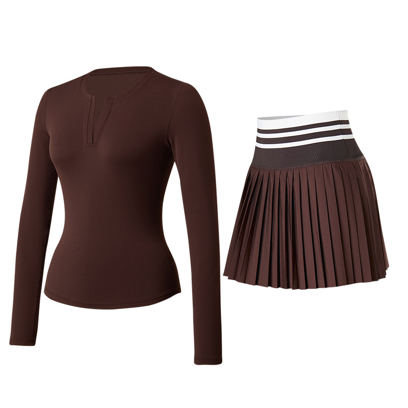 Trajes deportivos de otoño y invierno ropa de tenis ropa de yoga cuello V mangas largas anti-luz falda de tenis para correr camisetas deportivas