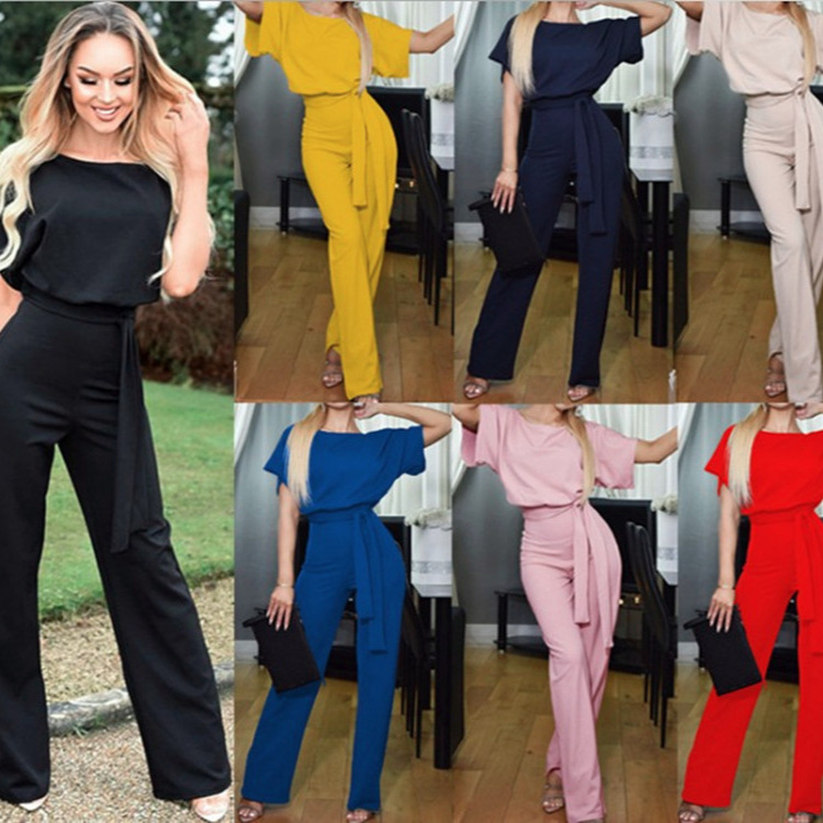 Cross-Border 7 Colors 6 Sizes Hot-Selling New Product 2025 Summer Fashion Lace-Up Button Short-Sleeve Women's Jumpsuit