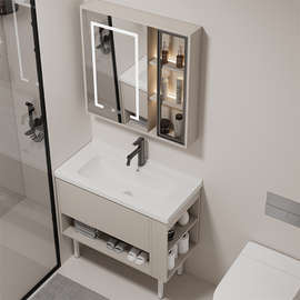 9U小户型落地式陶瓷洗手盆柜带侧柜窄边40cm实木浴室柜卫生间洗脸