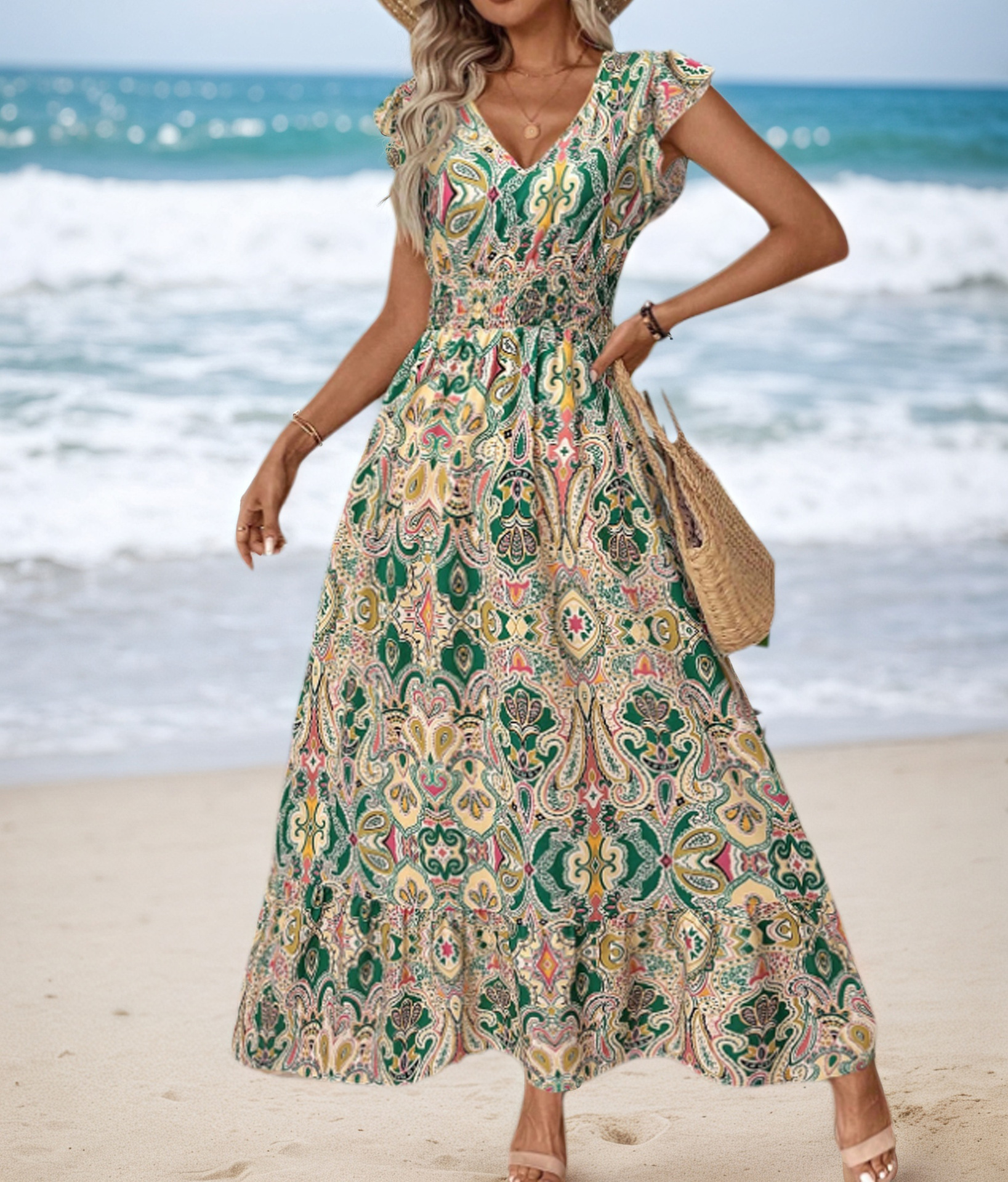 European And American Summer Bohemian Beach Vacation Style Printed Women's Cross-Border Waist-Cinching Long Dress_ecoleips.com