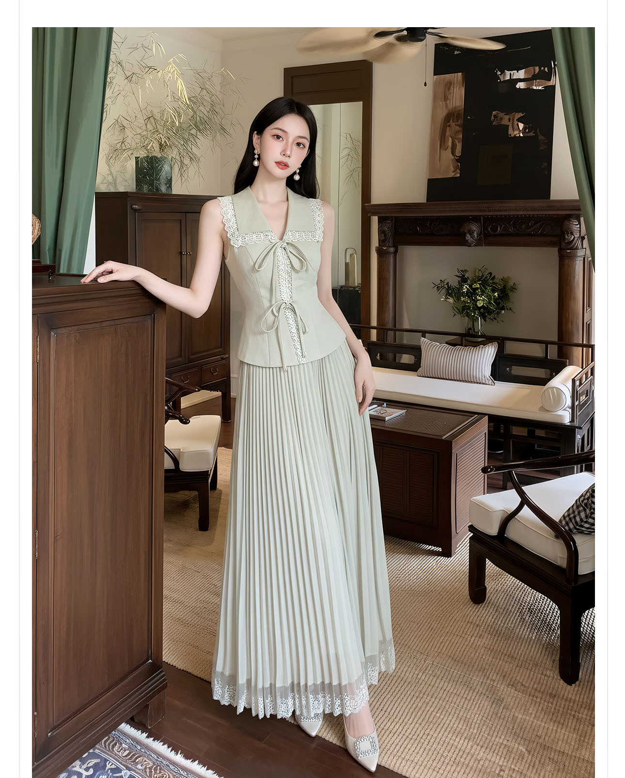 Set áo vest gile và chân váy ren phối ren thêu hoa, eo thon — bộ đồ, nửa váy, Trang chủ chi tiết 9