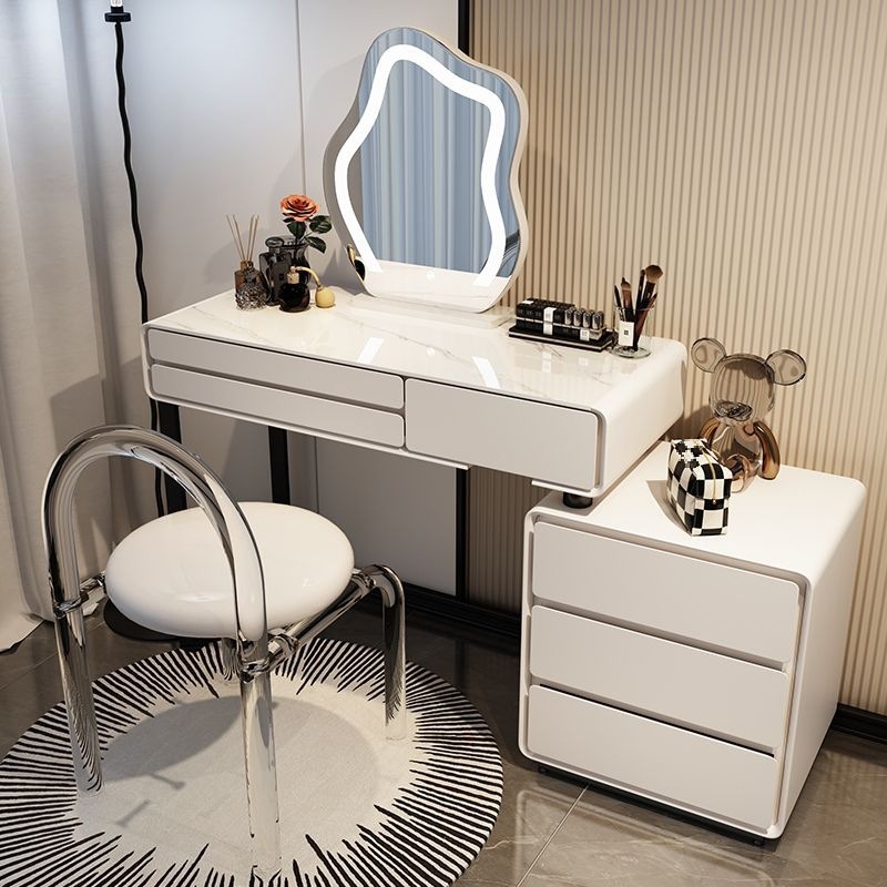 2024 New Cream Style Bedroom Dressing Table Bucket Cabinet Solid Wood Rock Board Modern Simple Cloud Mirror Makeup Table Combination