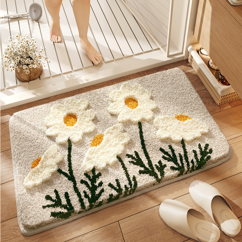 Simple and Fresh Floral Bathroom Toilet Imitation Cashmere Floor Mat, Stain-Resistant, Dust-Proof and Wear-Resistant Room Door Decorative Floor Mat