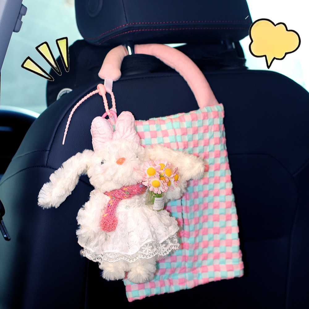 Lindo conejo, toalla de papel de coche, bolsa colgante, caja de cartón para coche, asiento interior, almacenamiento 2025, nueva muñeca colgante image 2