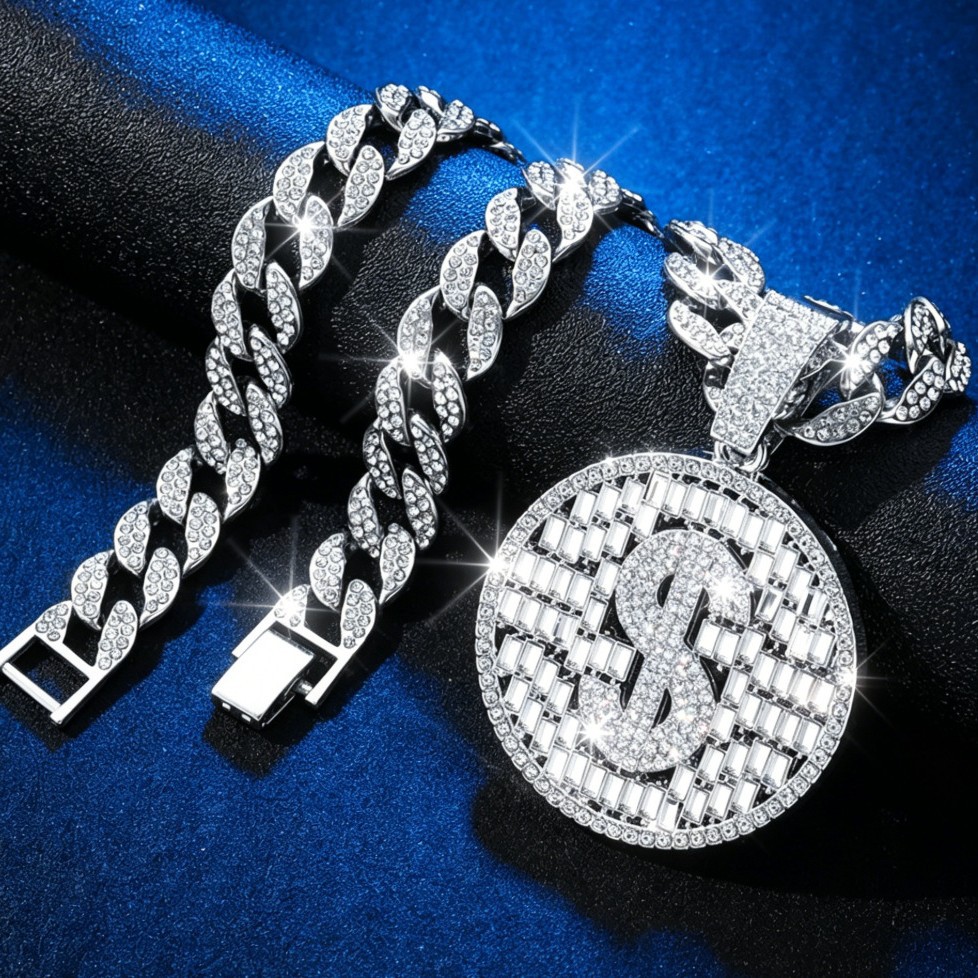 Ventas transfronterizas calientes con diamantes completos collares de medallas redondas huecos collares de hip-hop transfronterizos para hombres cool exagerado collar de accesorios