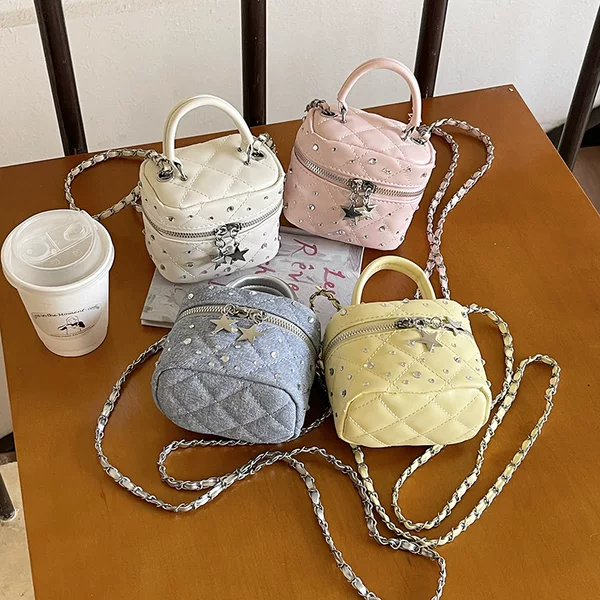 Chanel-Style Exquisite Quilted Handbag for Women, New Niche Denim Rhinestone Chain Shoulder Crossbody Mini Children's Bag