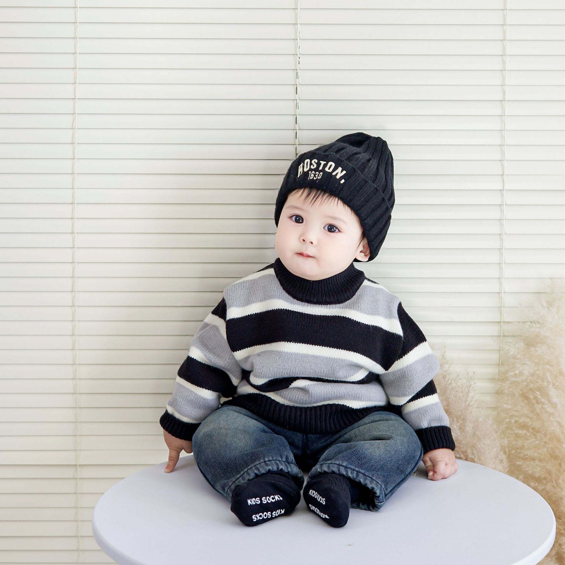 撞色条纹毛衣男女童秋冬新款ins婴幼儿小童韩版圆领针织衫上衣潮