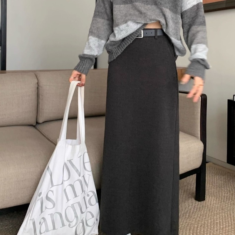 美拉德毛呢西装灰色半身裙女秋冬2025新款高腰显瘦A字包臀长裙子|undefined