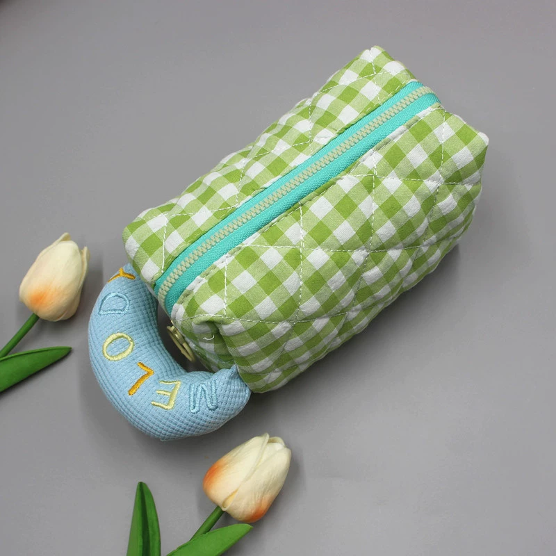 Cosmetic Bag Slim Checkered Organizer, Polyester, Large 25×16×17 cm & Small Pencil Case