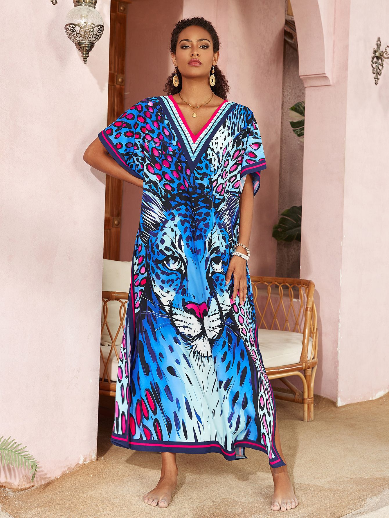 Transfronterizo Europa y América nueva blusa de bikini impresión de posicionamiento cubierta de playa bañador de vacaciones con chal 5D352-1