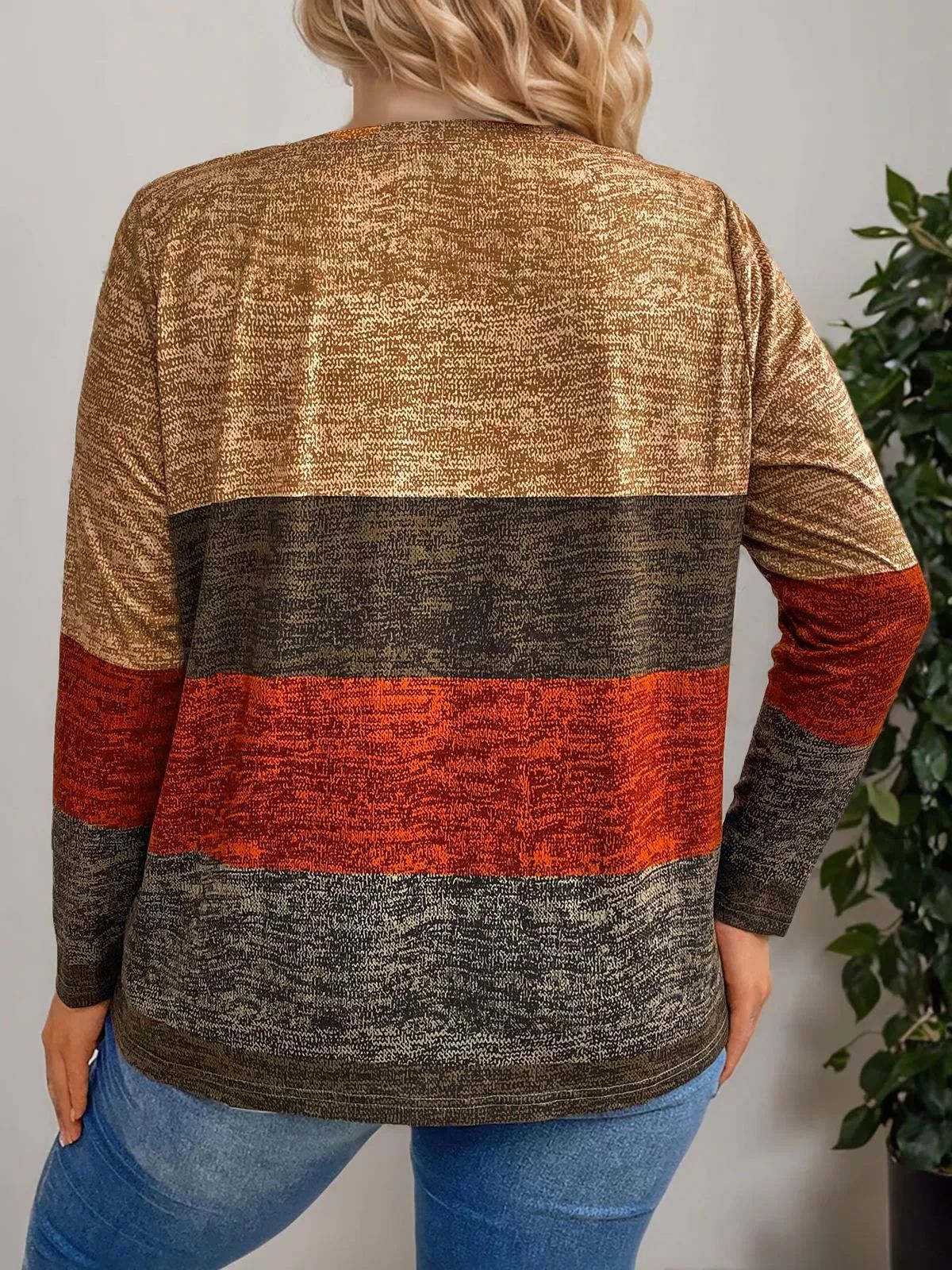 Camiseta de Mujer con Bloques de Color, Estilo Europeo y Americano, para Comercio Transfronterizo, Manga Larga, Cuello en V, Diseño de Color en Contraste, 2025 image 2