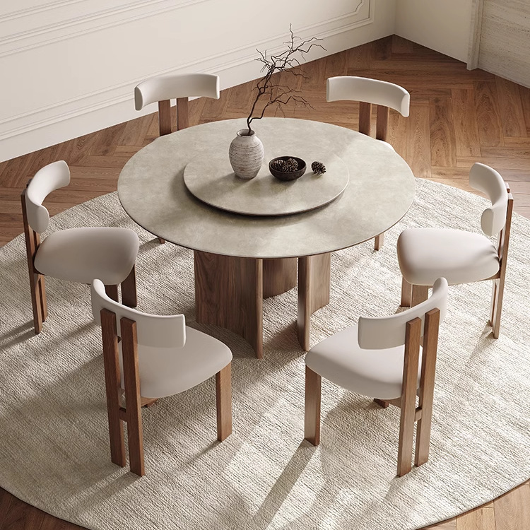 Mesa y silla de comedor de madera sólida retrógrada francesa combinada redonda con mesa giratoria moderna y simple estilo medieval mesa redonda de roca