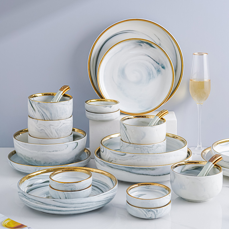 Nórdico creativo borde dorado mármol cerámica tazón vajilla traje hogar Luz de lujo Internet Celebrity Bowl placa combinación traje