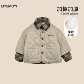 男童棉服2025冬季新款宝宝字母棉袄绗棉假两件加厚外套保暖冬装潮