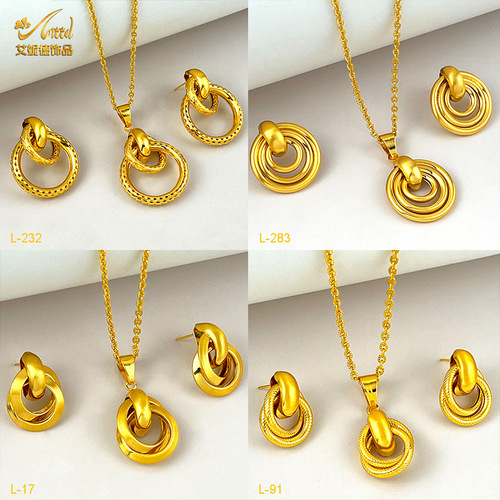 Dubai 24K Gold Pendant Necklace and Earring Three-Piece Set—Cross-Border Nigerian Bridal Fashion Jewelry Wholesale
