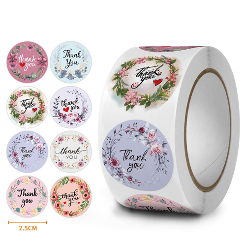 Cross-border multiple patterns roll-packed self-adhesive stickers thank you flowers cute seal stickers wedding decoration labels