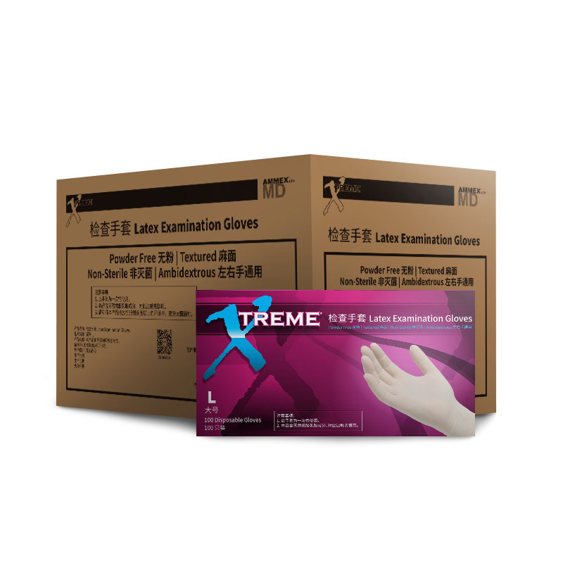 整箱AMMEX/爱马斯 一次性乳胶手套XLFRT高弹力 每箱10盒1000只