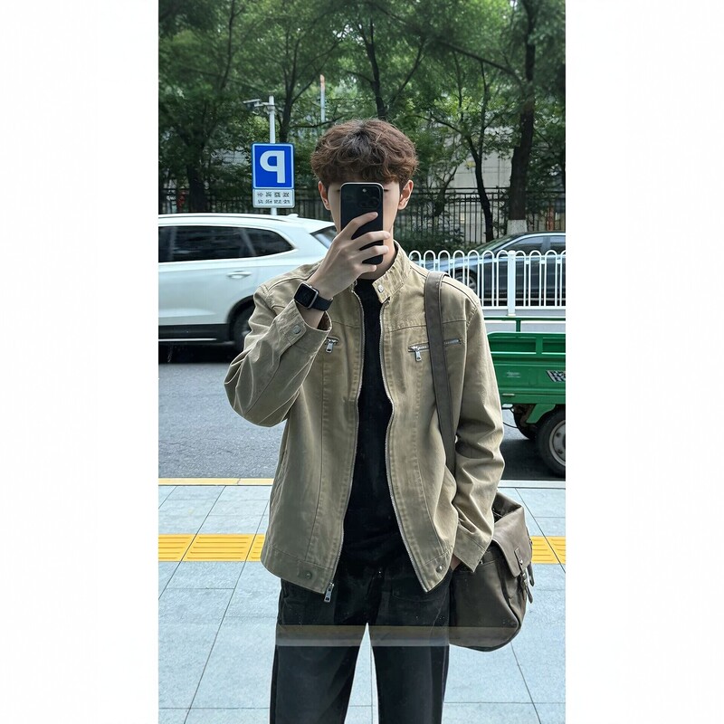 Khaki Harrington jacket for men, spring deconstructed patchwork stand-up collar baseball jacket, cleanfit washed canvas coat Khaki Harrington jacket for men, spring deconstructed patchwork stand-up collar baseball jacket, cleanfit washed canvas coat