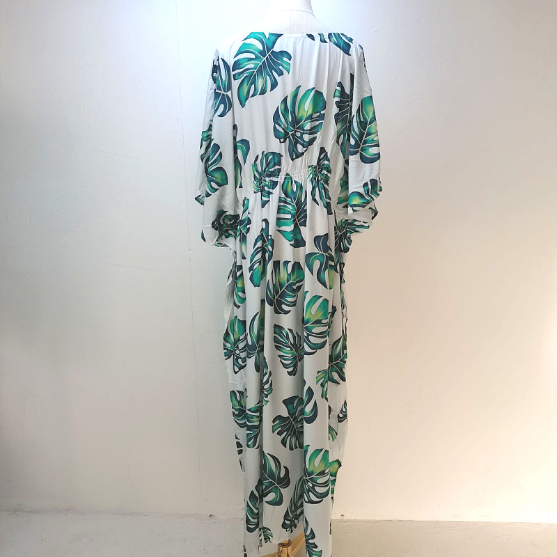 1d64 Europa y América imitación rayón impreso playa blusa sexy más tamaño vacaciones protección solar camisa bikini cover up