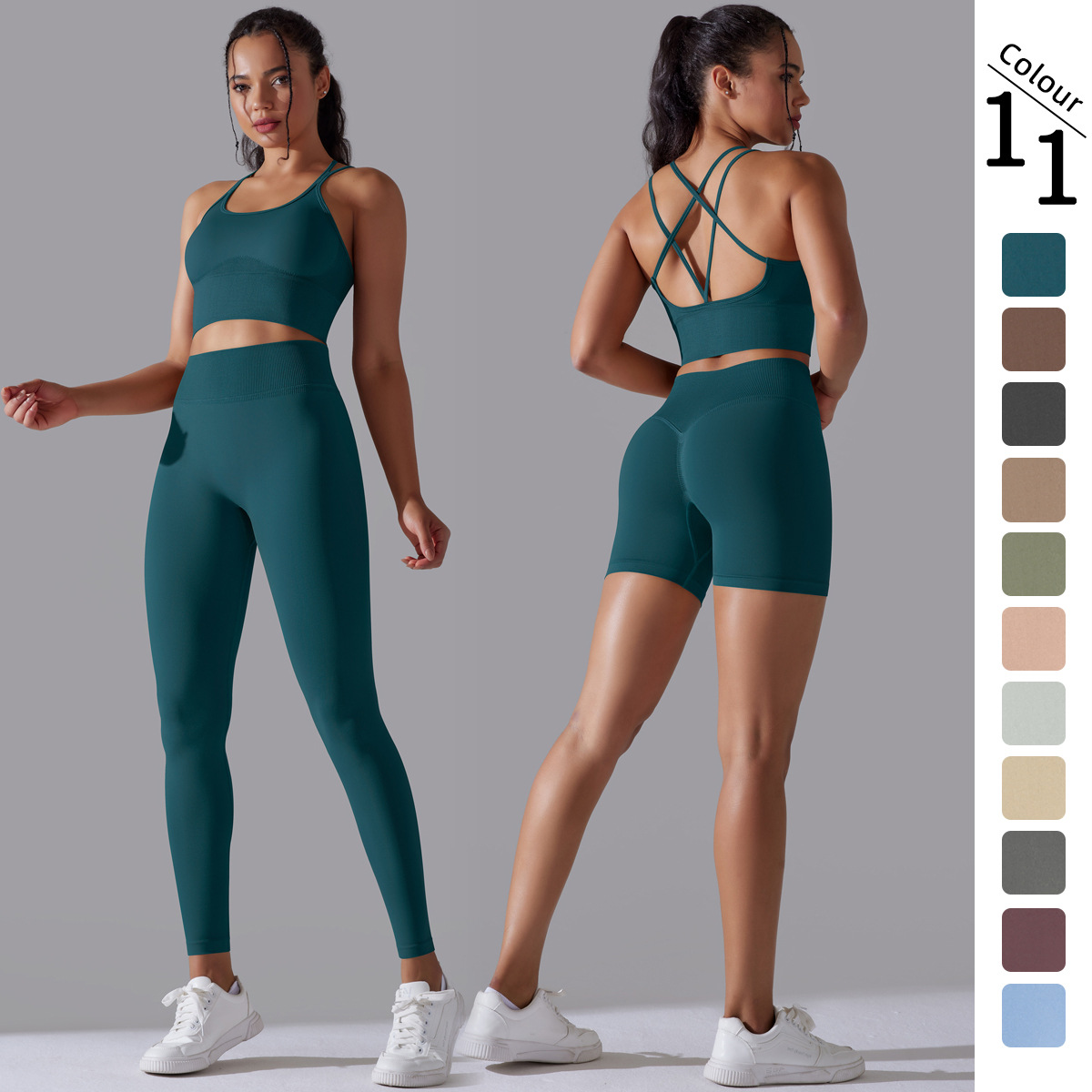 Transfronterizo europeo y americano sin costuras de punto de color sólido de nuevo alto elástico apretado ropa de yoga traje de entrenamiento ropa de dos piezas para las mujeres