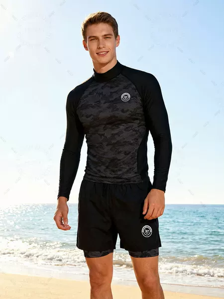 Huirun Men's Swimsuit Diving Suit Long-Sleeved Double-Layer Anti-Embarrassment Pants Jellyfish Suit Surfing Snorkeling Camouflage Swimming Suit