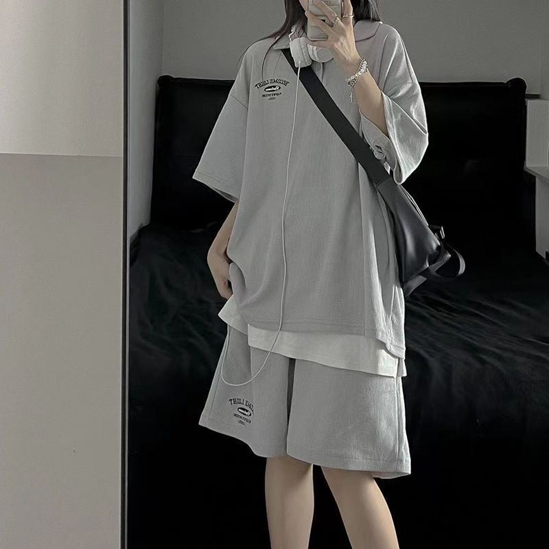 Heavy Embroidery Waffe Casual Sports suit Women's Summer New Student Korean-style Loose Two-piece Cross-border Trendy Set