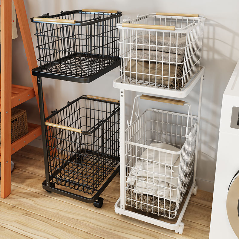 Iron Art Wheeled Laundry Basket with Partition, Double-Layer Dirty Clothes Hamper, Clothes Universal Cart, Large Capacity Laundry Basket