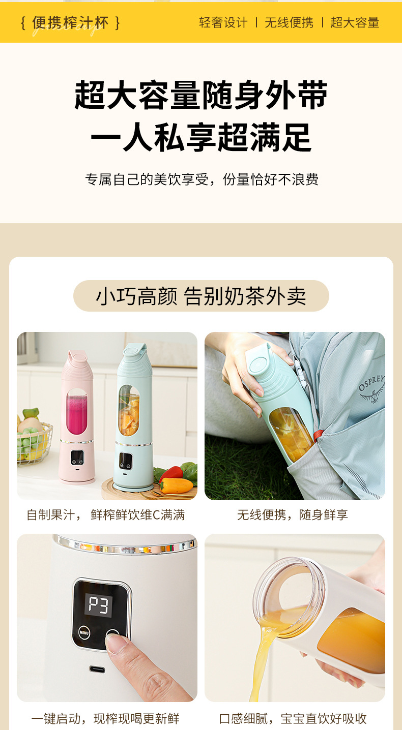 便携式搅拌机带滤网,USB C型可充电,跨境新品榨汁杯6刀不锈钢刀片