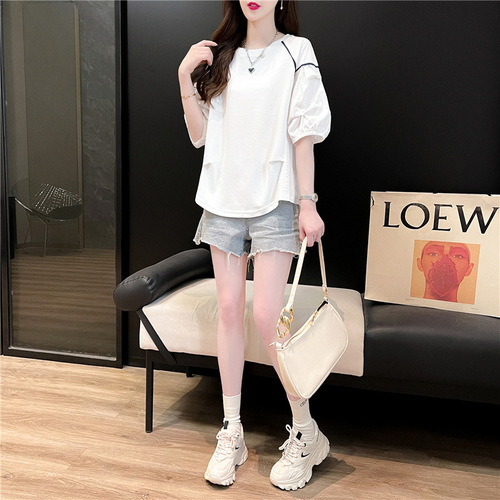 Large size loose casual all-matching summer new round collar short-sleeved T-shirt for women