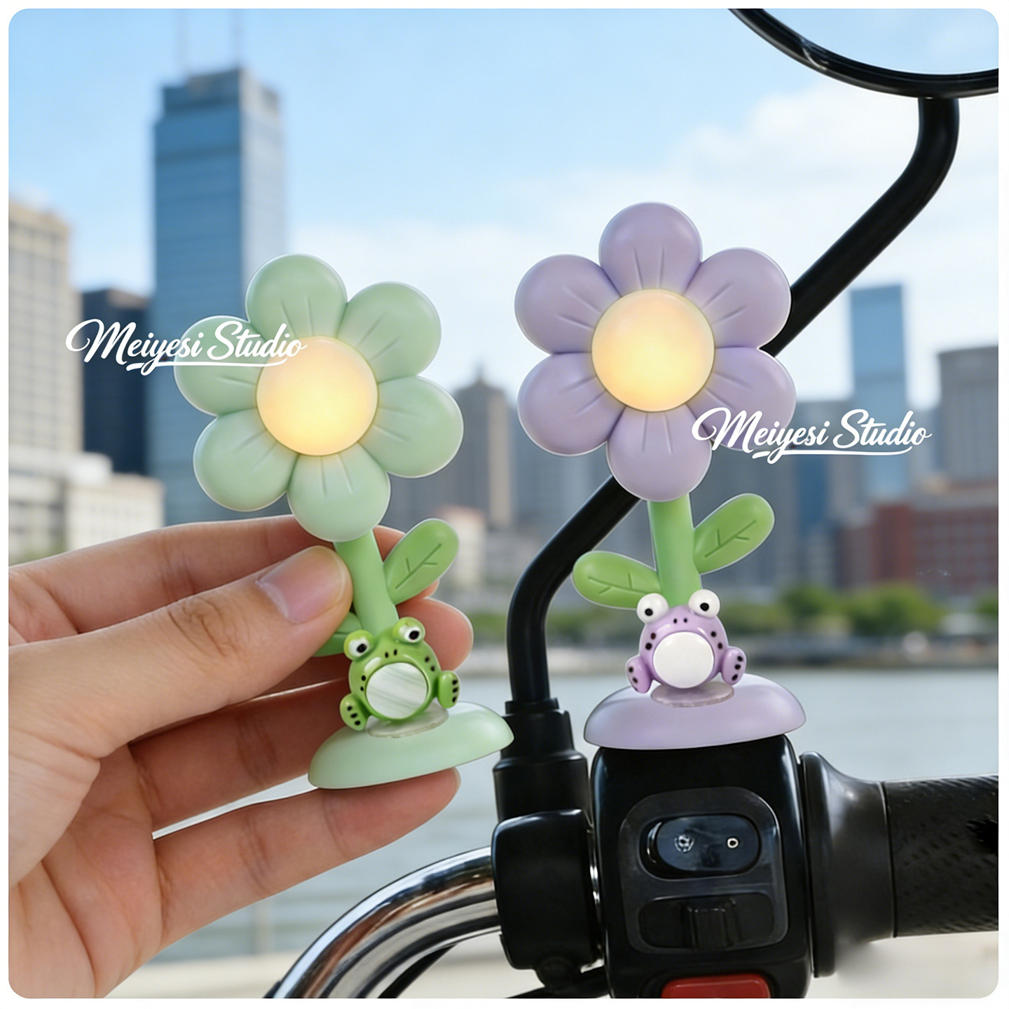 Flores de automóviles eléctricos adornos de luces lindos dibujos animados jefe perro coche de batería bicicleta de noche luces de advertencia accesorios de decoración