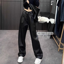 小个子150黑色休闲复古阔腿裤皮裤女宽松直筒裤高腰加绒xsPU皮矮