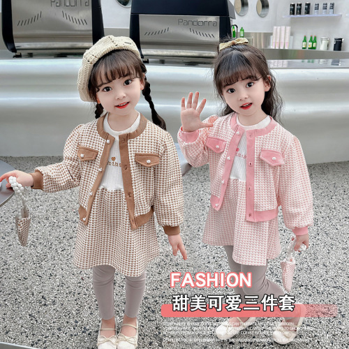 Girls' Autumn Korean Cute Little Fragrance Wind Bags, Small Check Cardigans, Sweet Dresses, Three-Piece Sets