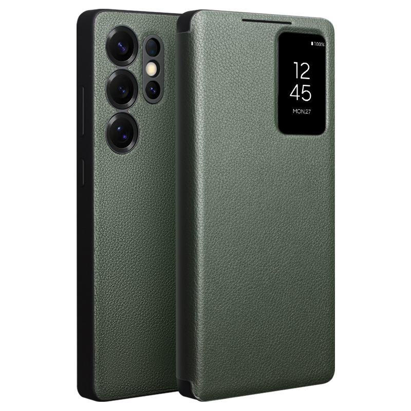 Qiali Genuine Leather Smart Window Flip Cover Protective Case for Samsung S25 Ultra with Sleep Function