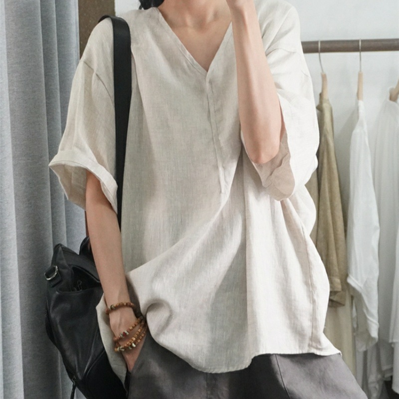 Women's Clothing Summer Style Women's Casual Shirt Short Sleeve Loose Cotton Linen Top Plus Size Pink And Black_ecoleips.com