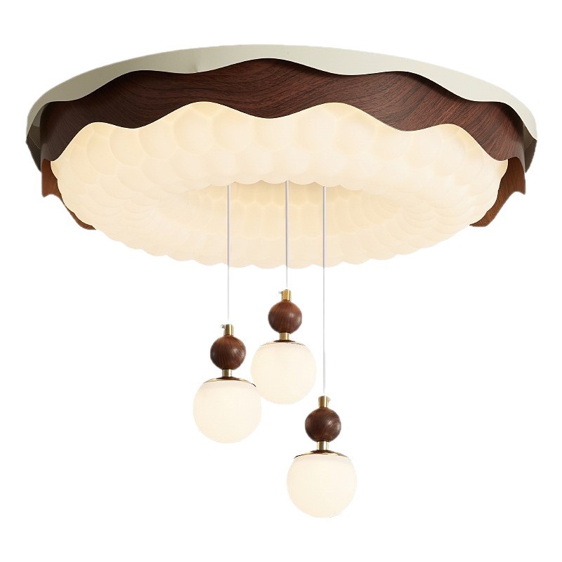 Lámpara de techo de dormitorio de estilo antiguo francés, lámpara de habitación de grano de madera de nogal retro, lámpara de dormitorio principal de sala de estudio de bola colgante creativa
