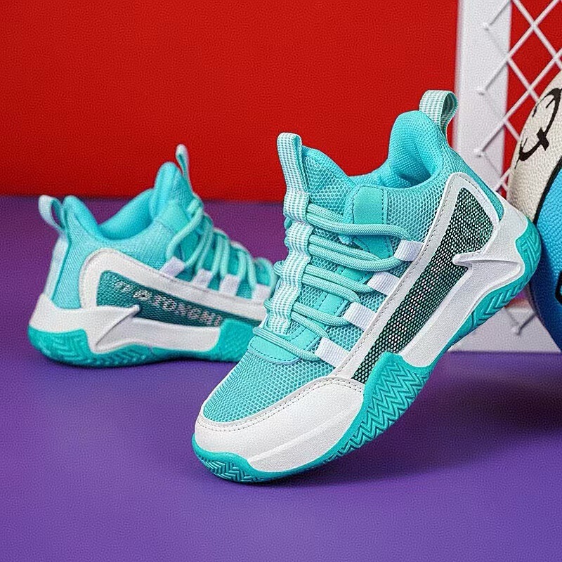 Boys' New Basketball Shoes, Breathable Mesh, Lightweight and Comfortable Sports Shoes, Medium and Large Children's Fashionable and Casual Thick-Soled Running Shoes