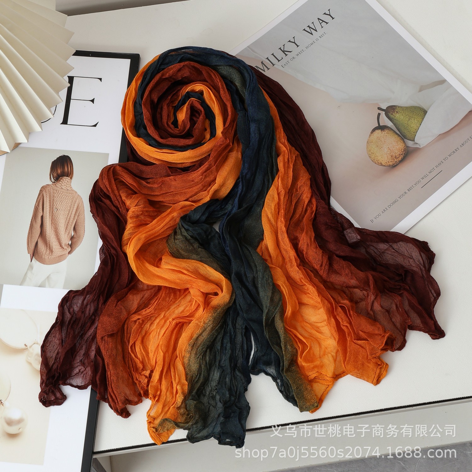 Gradient Scarf with Cotton and Linen Feel, Versatile Autumn and Winter Scarf, Printed Long Pleated Shawl, Table Runner, Tablecloth