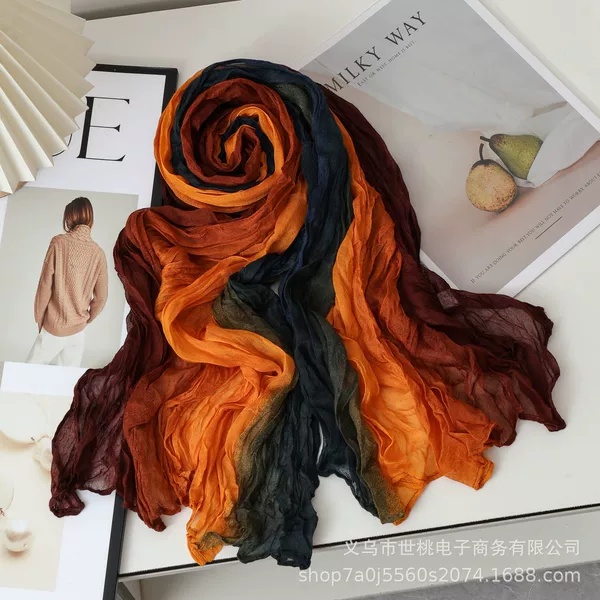 Gradient Scarf with Cotton and Linen Feel, Versatile Autumn and Winter Scarf, Printed Long Pleated Shawl, Table Runner, Tablecloth