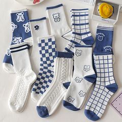 Bear Socks Women's Mid-calf Socks Autumn and Winter Cute Student Japanese Style Ins Trendy Blue Plaid Long Socks Women's Autumn and Winter Style