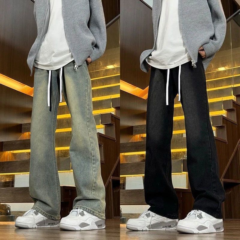 Vintage Blue Flared Drawstring Jeans for Men, Spring and Summer Trendy American High Street Vibe Slim Fit Cleanfit Pants Vintage Blue Flared Drawstring Jeans for Men, Spring and Summer Trendy American High Street Vibe Slim Fit Cleanfit Pants