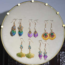 复古国风绒花耳环手工非遗点翠耳坠汉服配饰珍珠耳饰古典民族风耳