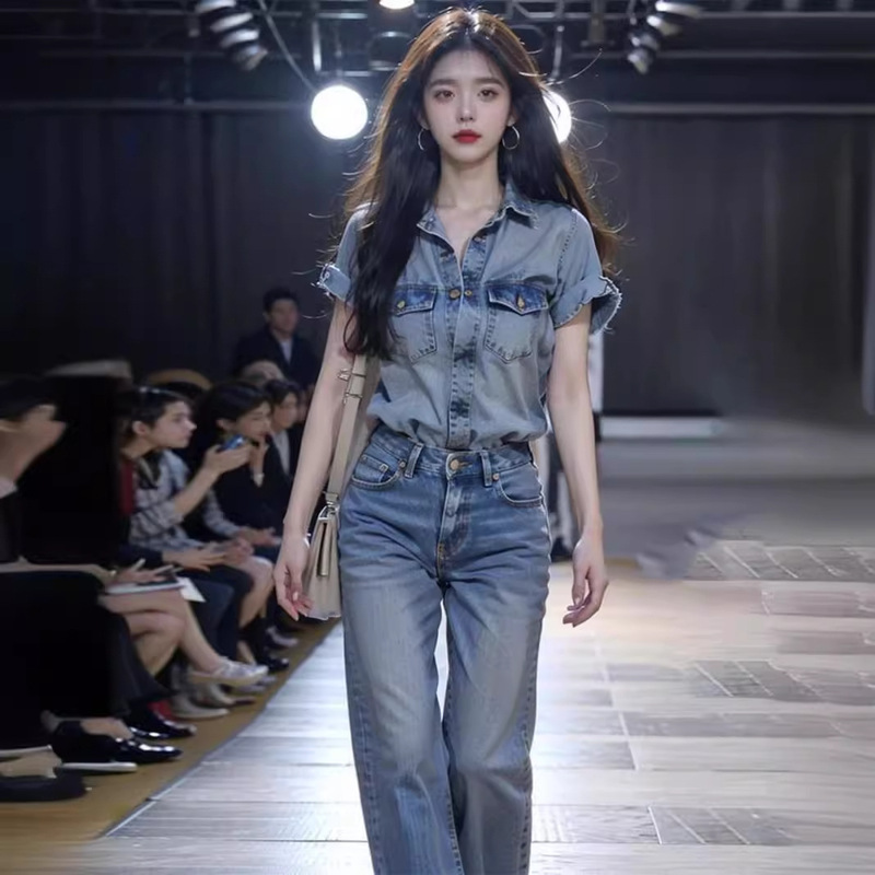 FL240303 summer with a set of fashion temperament Denim shirt top retro Hong Kong style pants suit